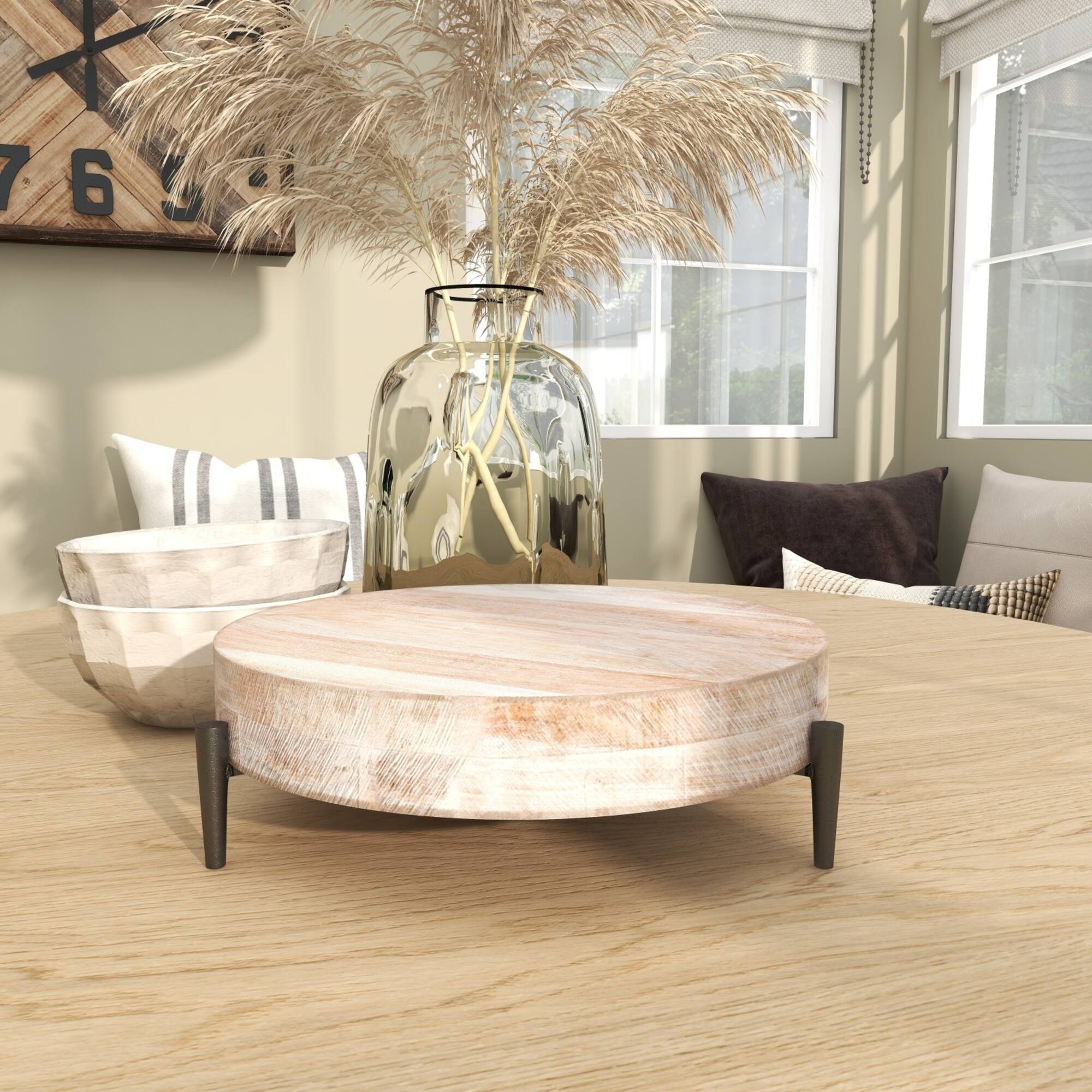 13" Cream Mango Wood Tray with Black Metal Leg